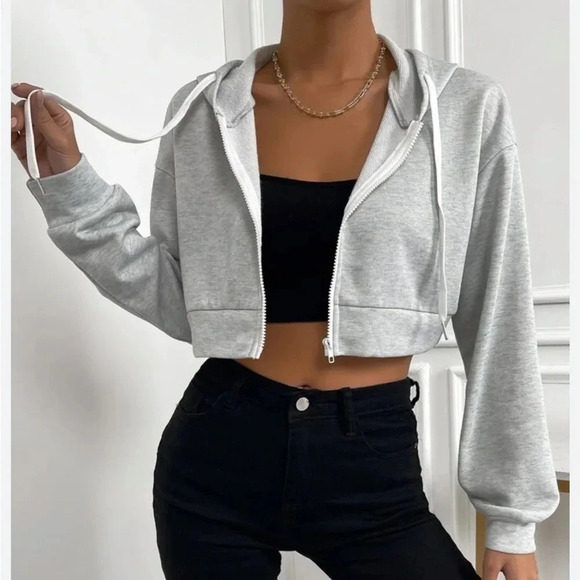 SHEIN cropped gray hoodie sweatshirt size small zip up hoodie - Picture 1 of 5